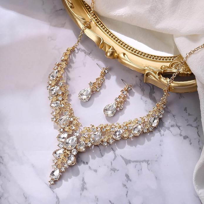 BriLove Women's Wedding Bridal Austrian Crystal Teardrop Flower Cluster Statement Necklace Dangle Earrings Jewelry Set for Party Prom