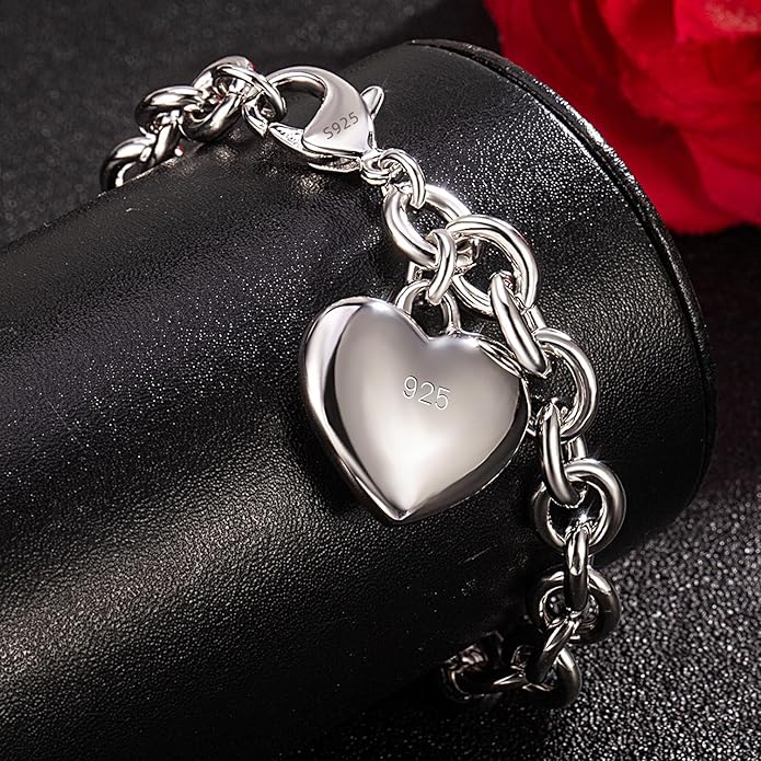 Dankadi Women 925 Sterling Silver Round Cable Wire Link Bracelet Charm Heart-Bell-Square-Circle Pendant Chain Bangle Fine Jewelry Gift For Wife Her