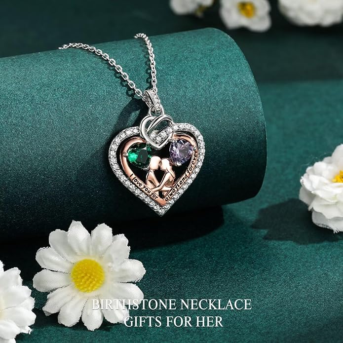 Iefil Valentines Day Gifts for Her - 925 Sterling Silver Double Heart Birthstone Necklace for Women, Anniversary Birthday Gifts for Wife I Love You Gift Couple Sitting Hugging Each Other Jewelry Gift