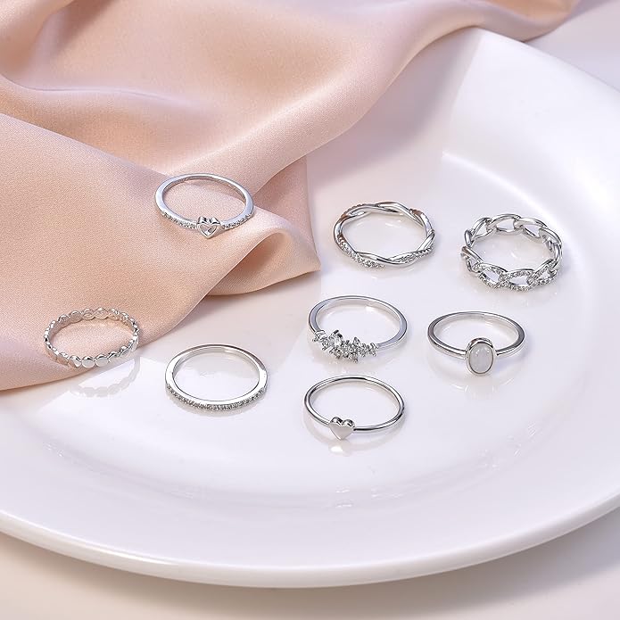 PLOMFOV 14K Gold/Silver Plated Stacking Rings Set for Women Non Tarnish CZ Heart Simple Cute Stackable Rings Dainty Trendy Gold Statement Rings Plain Band Size 4-12