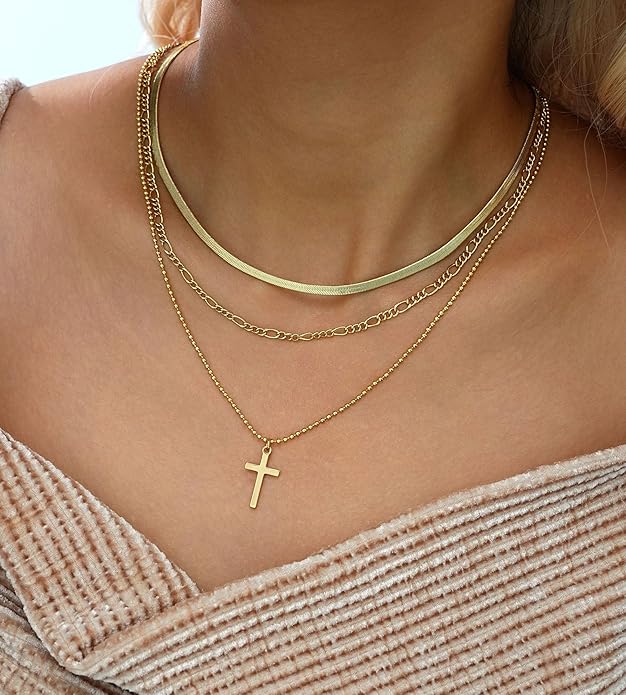 YEEZII Layered Gold Necklaces for Women Trendy, 3 Pcs 14K Gold Plated Choker Paperclip Box Chain Necklace, Stackable Women's Gold Pendant Necklaces Jewelry Set