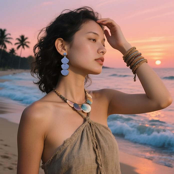Raffia Dangle Earrings for Women - Boho Statement Rattan Drop Jewelry with Shell Design, Lightweight Summer Beach Trendy Accessories