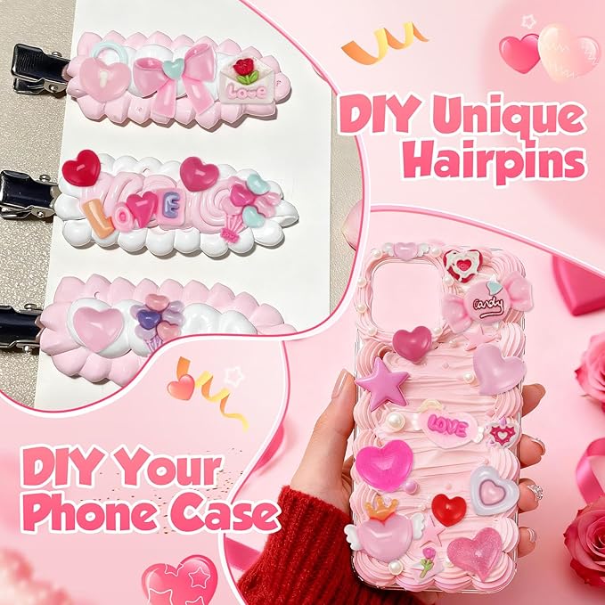 Giegxin 40 Pcs Pink Valentine's Day Resin Charm Love Heart Roses Bow Balloons Flatback Cabochon Accessories Cute Embellishment Bulk for Jewelry Cellphone Case Scrapbooking DIY