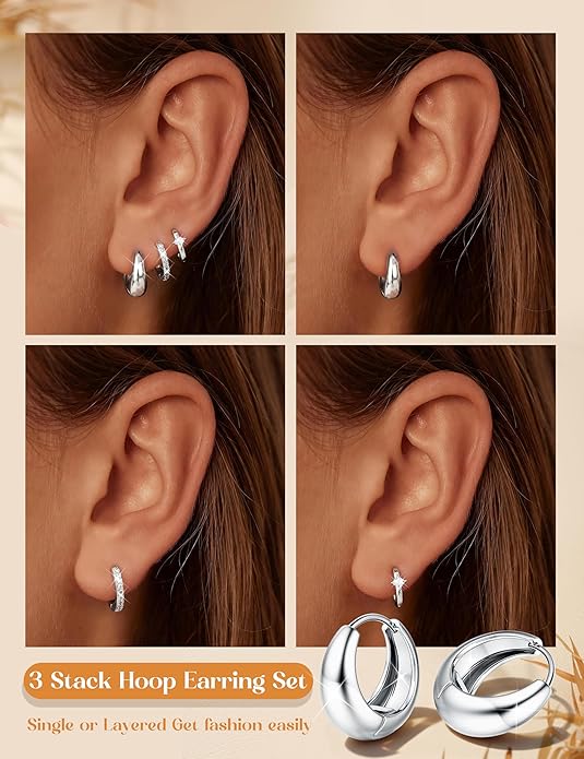 MILACOLATO 3 Pairs Small 14K Gold Plated Hoop Earrings for Women Trendy Hypoallergenic Silver Earring Stacks Huggie Hoops Earring Sets for Multiple Piercing Chunky Double Hoop Jewelry Lightweight