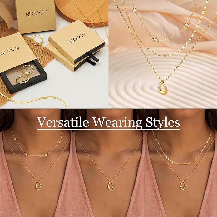 NECOCY Valentine's Day Gift 14k Gold/Silver Plated Layered Gold Necklaces for Women, 3Pcs Dainty Herringbone Choker Set, Trendy Stack Simple Chain Layering Pendant Jewelry