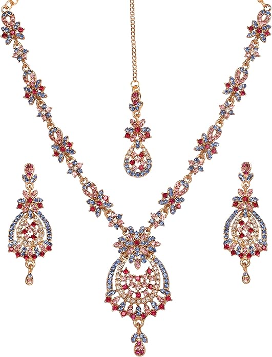 Touchstone Indian jewelry sets for women maang tikka wedding guest gold necklace bollywood jewellery set pageant elegant prom bride accessories western crystal chunky rhinestone necklaces