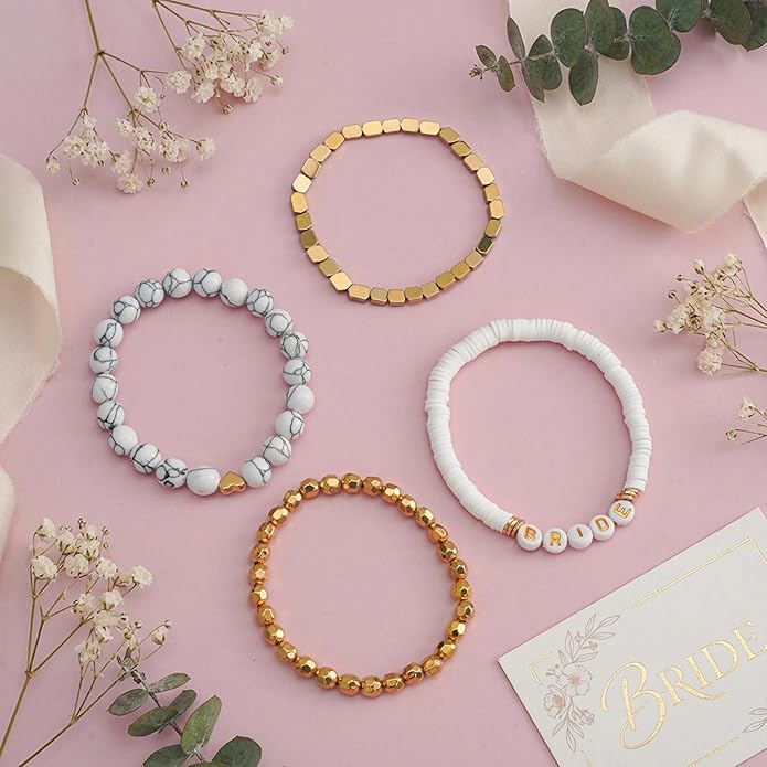 Bride Beaded Bracelet, Weeding Clay Bracelets for Women Stackable Gold Plated, Stretch Bracelets Elastic Layering Friendship Set Boho Jewelry, Gift for Family, Friends