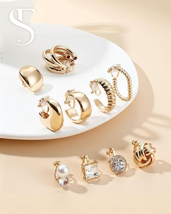 FIBO STEEL 10 Pairs Clip On Earrings for Women Non Pierced Ears CZ Pearl Knot Twist Chunky Hoop and Studs Earring Set Ear Clips Jewelry 14K Gold Plated
