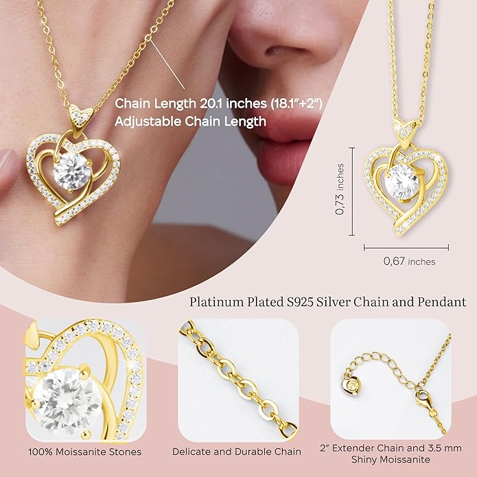 Valentines Day Moissanite Pendant Necklace for Women – 925 Sterling Silver Necklace for Women Heart Pendant, Dainty Silver Jewelry Gift Box for Mom Wife Girlfriend – Birthday Anniversary