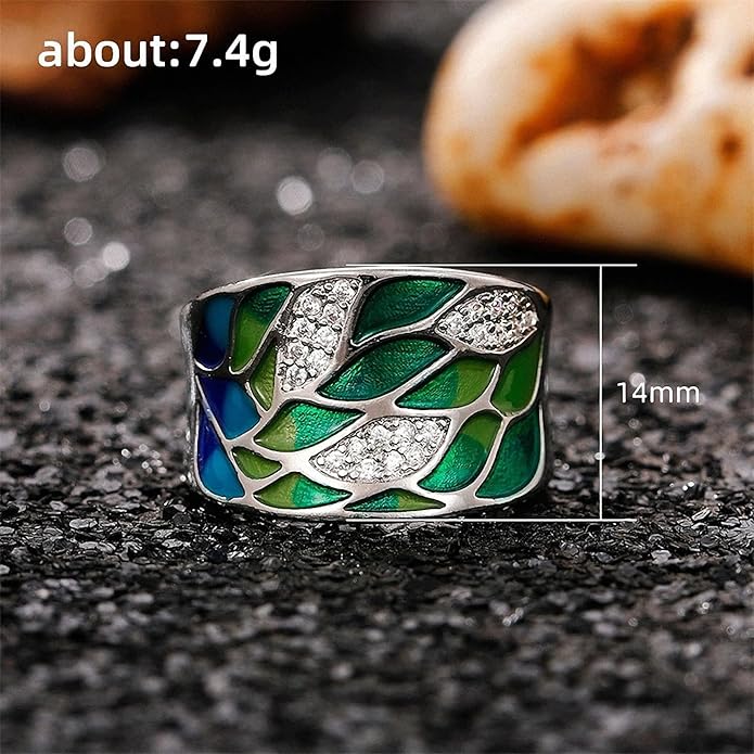 Women Tree of Life Lucky Flower Wide Band Ring Gold Pink Opal Green Enamel Resin Plated Dainty Tree Rhinestone Statement Thumb Index Full Finger Chunky Ring Party Crystal Vintage Jewelry