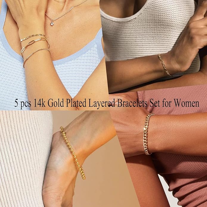 Gold Bracelets Set for Women Non Tarnish Trendy,14K Gold Plated Dainty Stackable Paperclip Cuban Link Chain Bracelets, Simple Cute Cuff Bracelets Jewelry Set Adjustable 7"+2"