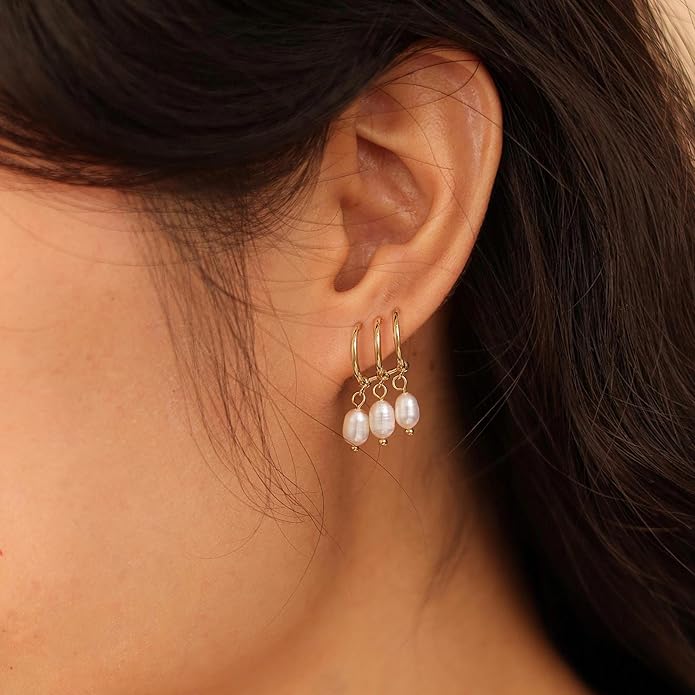 Gold Pearl Dangle Earrings for Women, 14K Gold Plated Small Pearl Drop Huggie Hoop Earrings, Hypoallergenic Dainty Gold Earrings Wedding Jewelry Gifts for Women Trendy