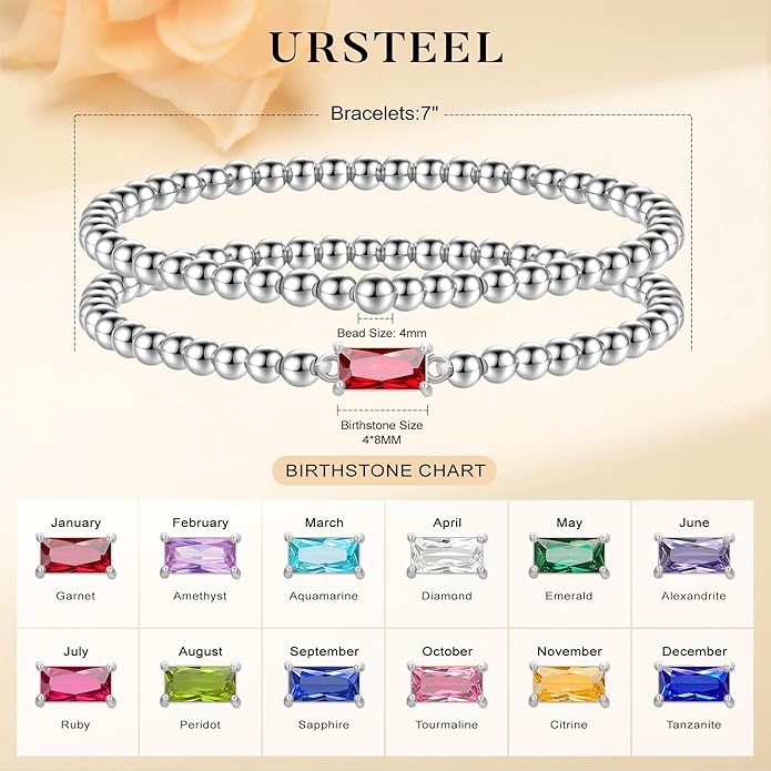 Ursteel Valentines Gifts for Her Kids Girls, Elastic Birthstone Bracelet for Women 14K-Gold-Plated Beaded Bracelet Non Tarnish Trendy Birthstone Jewelry Birthday Gifts for Women