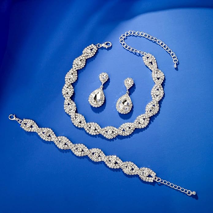3/4 Pieces Women Jewelry Set Artificial Rhinestone Crystal Bride Statement Choker Necklace Tiara Crown Link Bangle Bracelet Teardrop Dangle Earrings Set