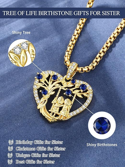 14K Gold Tree of Life Necklace for Sister Christmas Gifts from Sister,Heart Jewelry with Birthstone Pendant for Women Female Friendship Forever My Friend