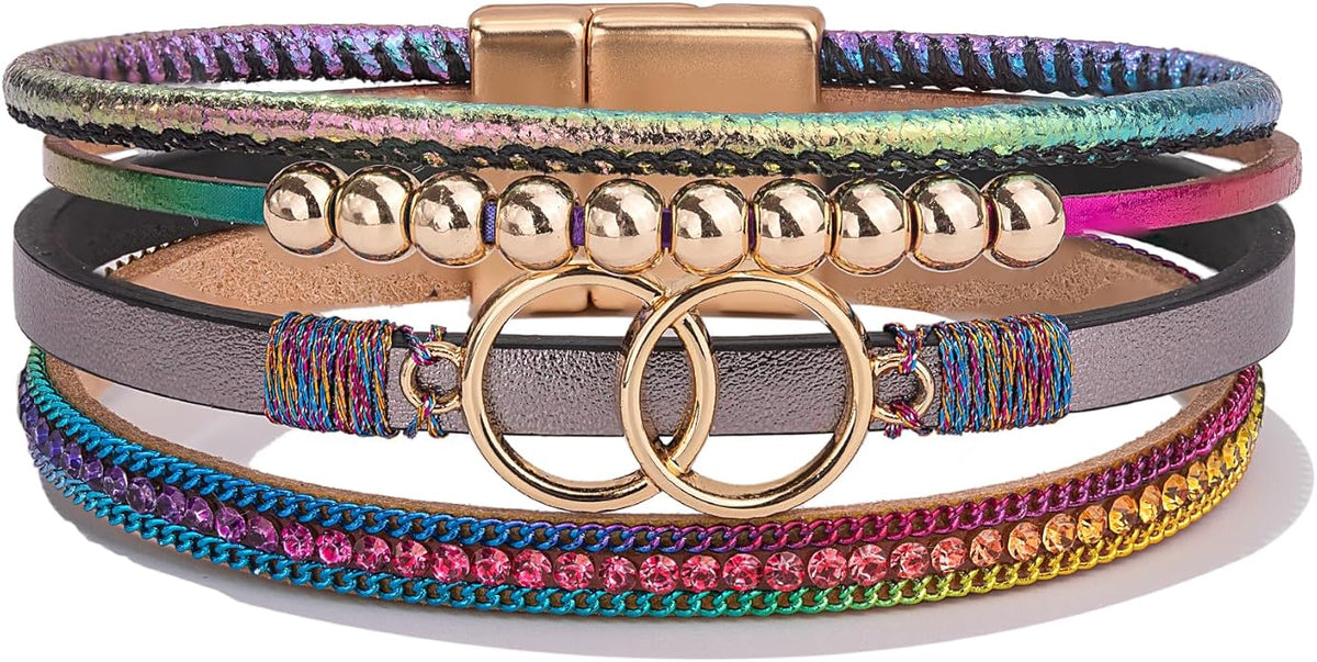 FANCY SHINY Boho Leather Wrap Bracelet Stackable Infinity Chunky Cuff Bracelets Western Hippie Outfits Jewelry Valentine Gifts for Women