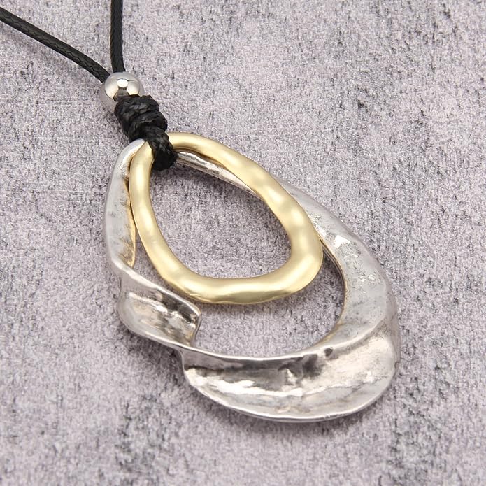 Boho Leather Necklace Women Bohemian Brown Circle Pendant Necklace Choker Long Necklaces for Women Boho Ring Large Pendant