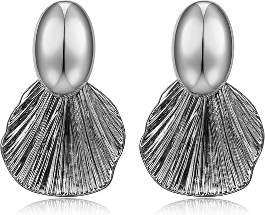 Gold Plated Earrings Dangle Chunky Fan-shaped Earrings Shell Earring for Women Two-Tone Fashion Statement Jewelry