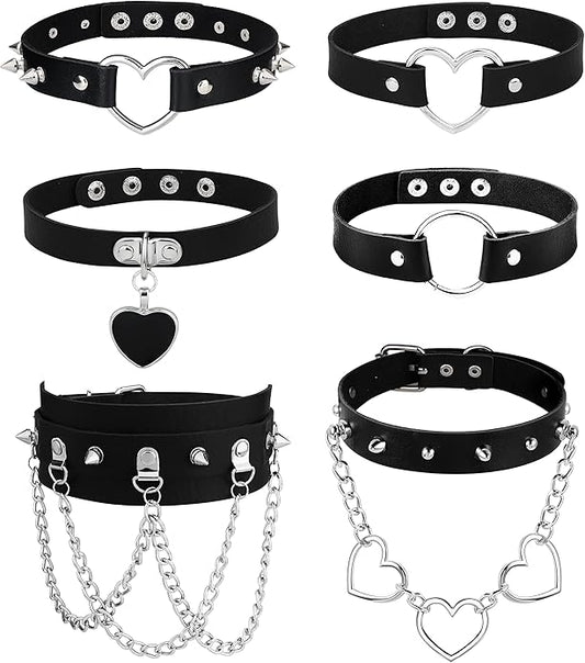 HAIAISO 6-9pcs Leather Punk Goth Choker Necklace with Love Heart Spikes, Adjustable Pu Collar for Women