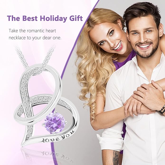 Enduring Hearts Purple Zircon Necklace for Women - 14K Gold Plated Copper Infinity Pendant, Dainty Everyday Jewelry