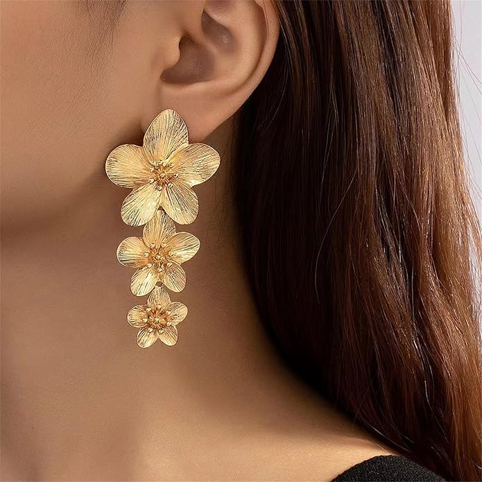 Flower Earrings for Women,Boho Statement Large Double Flower Earrings Trendy Chunky Floral Stud Earrings Elegant Chic