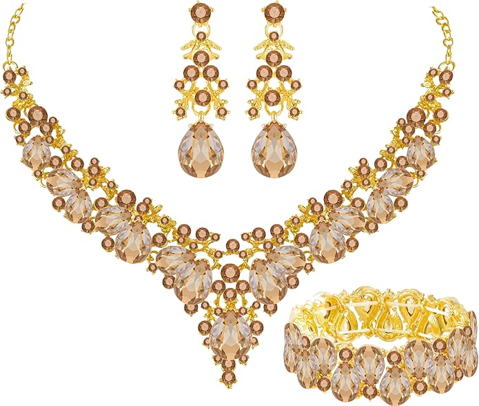 Elegant Bridal Wedding Jewelry Set for Women/Brides/Bridesmaids Teardrop Crystal Leaf Cluster Jewelry Set for Wedding Prom Party Bridal Bridesmaids Rhinestone Crystal Necklace Earrings Bracelet Set