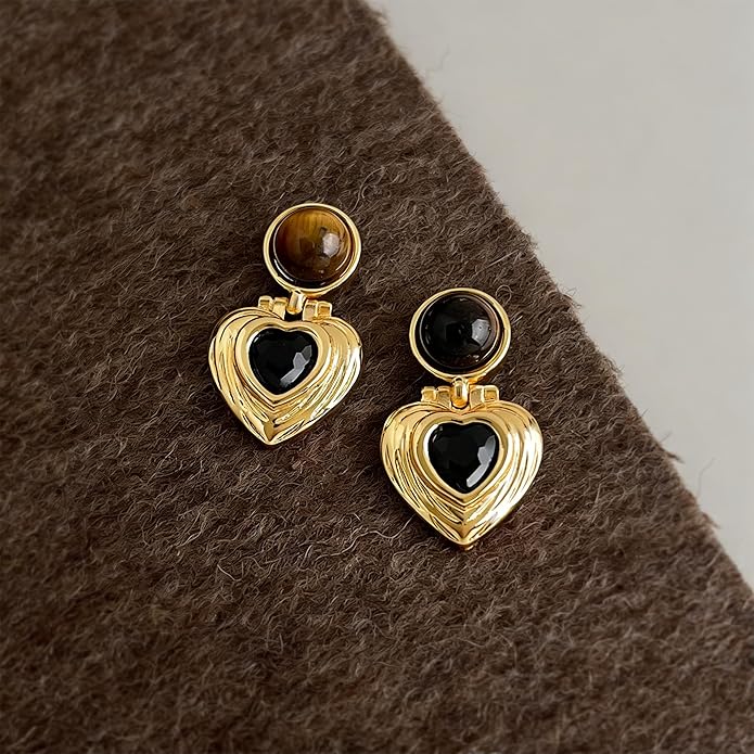 Black/White/Red/Green/Blue/Brown Heart Earrings for Women, Gold Plated Vintage Gold Earrings with Hypoallergenic Posts,Lightweight Black and Gold Dangle Statement Jewelry, Gift for Women—Girlfriend Wife Mom for Wedding, Party, Valentines Day Gifts for Her