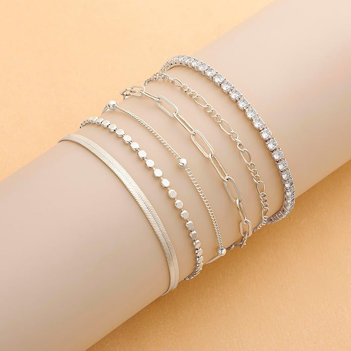 DEARMAY Dainty Silver Plated Bracelets for Women Trendy, Silver Jewelry Set for Women Bracelets for Women Paperclip Box Herringbone Figaro Rope Chain Bracelet Fashion Pack Gifts for Women