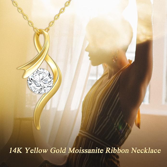 SISGEM 14K Real Gold 1 Carat Round-Cut Moissanite Necklace for Women,Yellow Gold Infinity/Heart Pendant Ribbon Necklaces Birthday Gifts for Wife Girlfriend 16''-18''