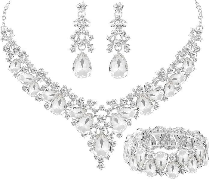 Elegant Bridal Wedding Jewelry Set for Women/Brides/Bridesmaids Teardrop Crystal Leaf Cluster Jewelry Set for Wedding Prom Party Bridal Bridesmaids Rhinestone Crystal Necklace Earrings Bracelet Set