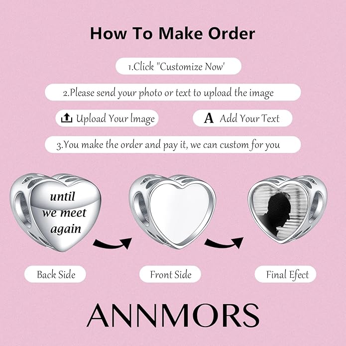 Annmors Personalized Photo Charms For Bracelets/Necklace 925 Sterling Silver Love Heart Shaped Engraved Customize Picture Gift for Birthday Mother's Day,Bead Charms Jewelry for Women