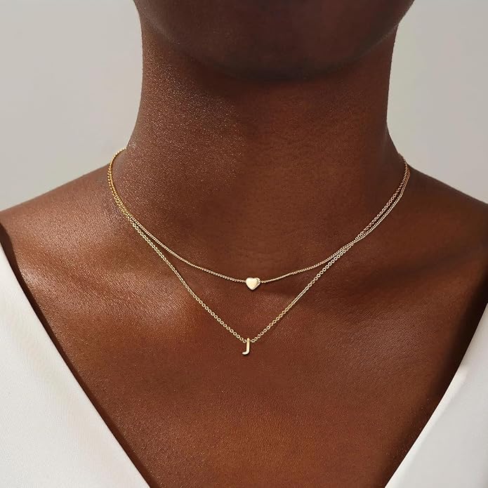 MOMOL 18K Gold Plated Stainless Steel Layered Heart Initial Necklace Personalized Tiny Letter Choker Necklace Monogram Name Necklace for Women