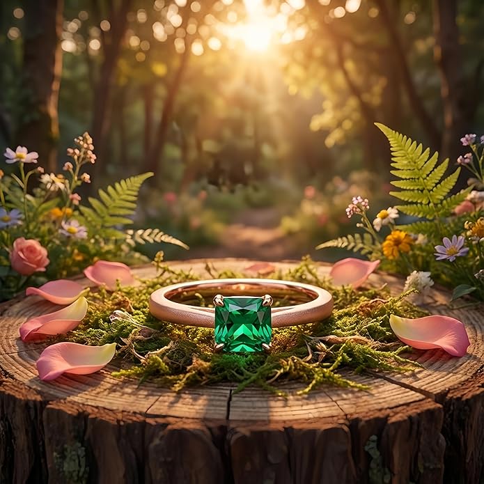 14K Gold Emerald Square Cut Solitaire Ring for Women | Elegant Engagement, Wedding, Anniversary, Birthday Fine Jewelry | Classic 14 Karat Gold Setting