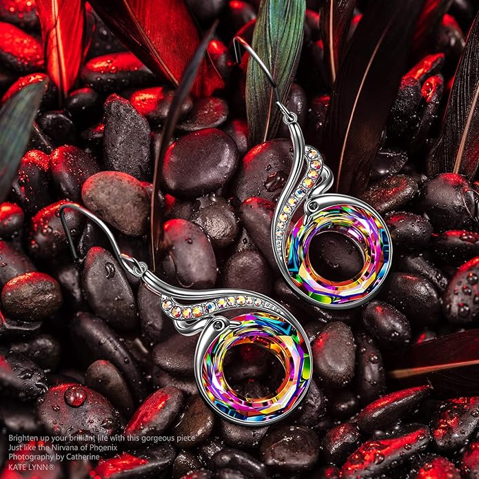 Kate Lynn "Rise From the Ashes" Phoenix Earrings, Sterling Silver Dangle Earrings with Crystals from Austria, Birthday Gift with Jewelry Box, Symbol of Luck and Renewal