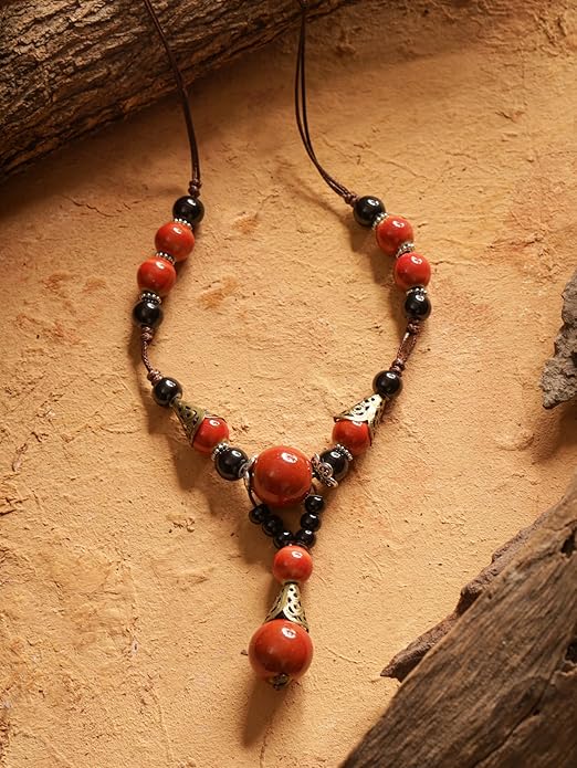 MINACHI Vintage Bohemian Ethnic Colorful Ceramic Bead Long Y Necklace, Hippie Boho Summer Fashion Jewelry Gift for Women
