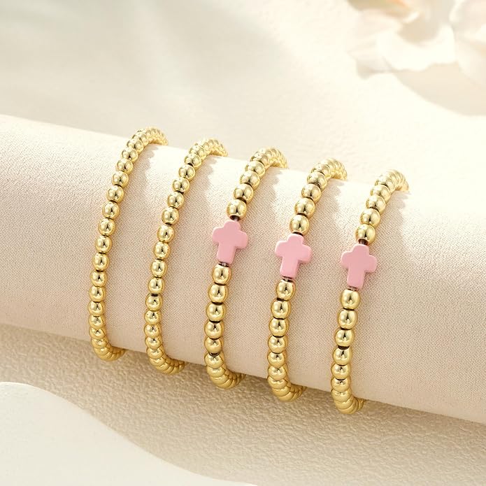 Gold Bead Bracelets for Women Girls - 14K Gold Plated Dainty Round Bead Ball Pearl Cross Bracelet Stack for Women Teenage Girls Stackable Jewelry Christmas Gifts