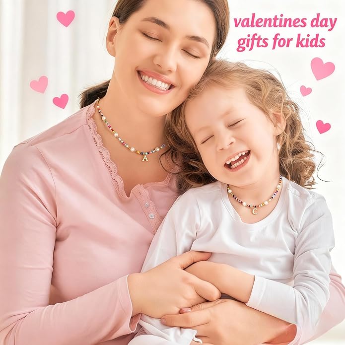 M MOOHAM Valentines Day Gifts for Kids Teen Girls - Colorful Initial Necklaces for Girls Women Kids, Beaded Pearl Choker Necklace for Women Trendy, Birthday Gifts Teenage Girl Teen Kid Jewelry