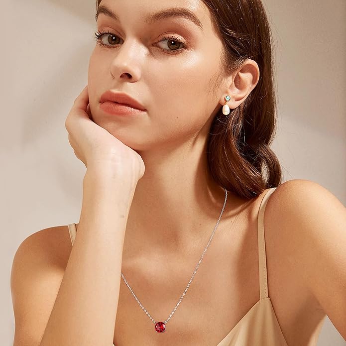 Ursilver Valentines Day Gifts for Her - Birthstone Necklace for Women, S925 Sterling Silver Round Birthstone Necklace Birthday Gifts 12 Months Necklaces for Women Jewelry Gift