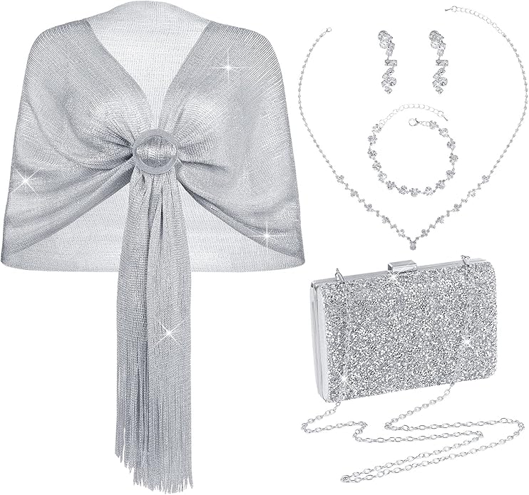Hicarer 5 Pcs Dressy Jewelry Sets, Silver Shawls and Wraps, Clutch Purse for Homecoming Prom Evening Women Formal