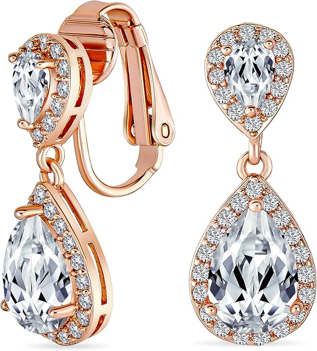 Vintage Style Bridal Cubic Zirconia Simulated Gemstone AAA CZ Halo Dangle Teardrop Chandelier Clip On Earrings For Women Silver Rose Gold Plated in Black Purple Blue Red Rose Pink Green Clear