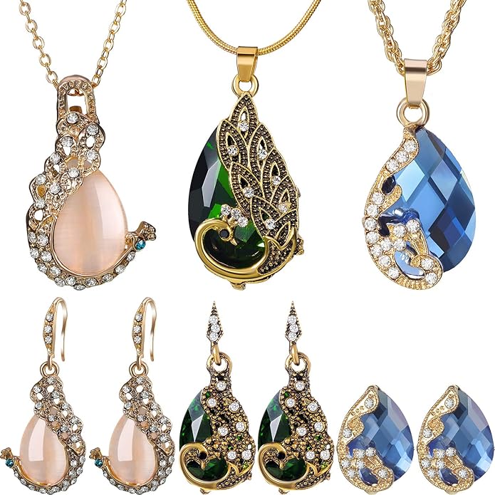Hicarer 3 Set Peacock Jewelry Sets for Women Vintage Crystal Necklace Earring Waterdrop Rhinestone Pendant Indian Jewelry Set Gifts for Valentine's Day Mother's Day Christmas Wedding Lover Ladies