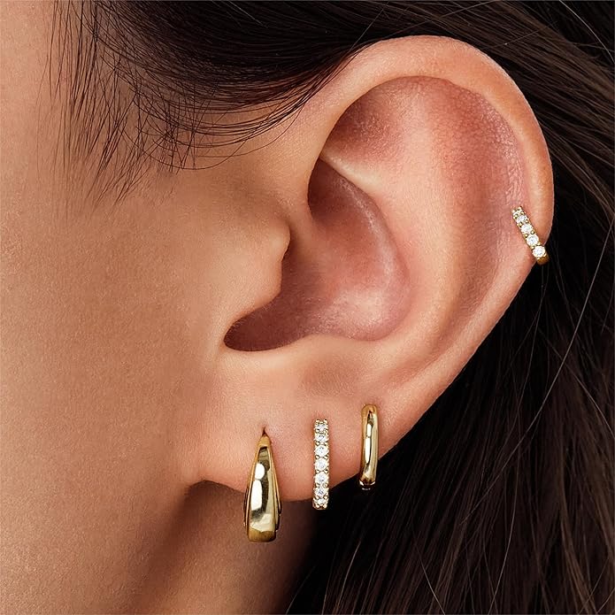 Small Gold Huggie Hoop Earrings Set for Women Men Hypoallergenic 14K Plated Stack Cartilage Earrings, Multiple Piercing Lightweight Mini Thin Cute Dainty Trendy Jewelry Set Christmas Gifts for Women