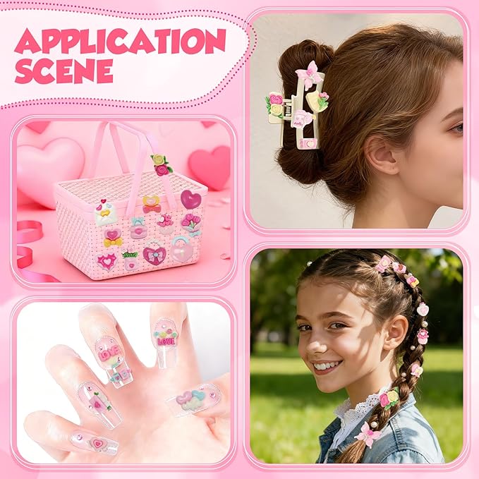 Giegxin 40 Pcs Pink Valentine's Day Resin Charm Love Heart Roses Bow Balloons Flatback Cabochon Accessories Cute Embellishment Bulk for Jewelry Cellphone Case Scrapbooking DIY