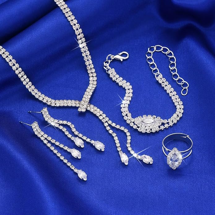 4 Pieces Cubic Zirconia Wedding Jewelry Sets for Bride Rhinestone Bridal Jewelry Set Necklace Bracelet Earring Ring for Brides Bridesmaid for Wedding Party