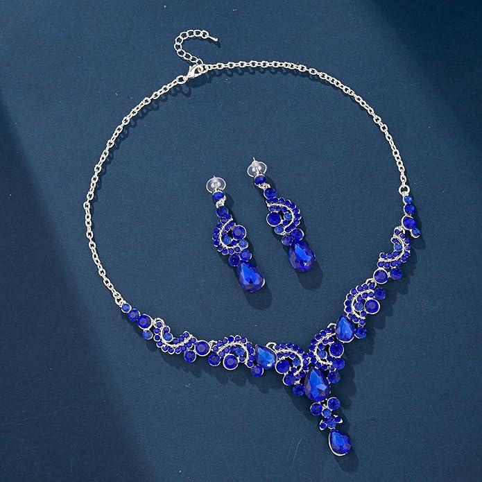 Crystal Bridal Wedding Jewelry Sets for Women Rhinestone Teardrop Crystal Statement Choker Necklace Drop Earrings Link Bracelets Rings Teardrop Jewelry Set for Brides Bridesmaids