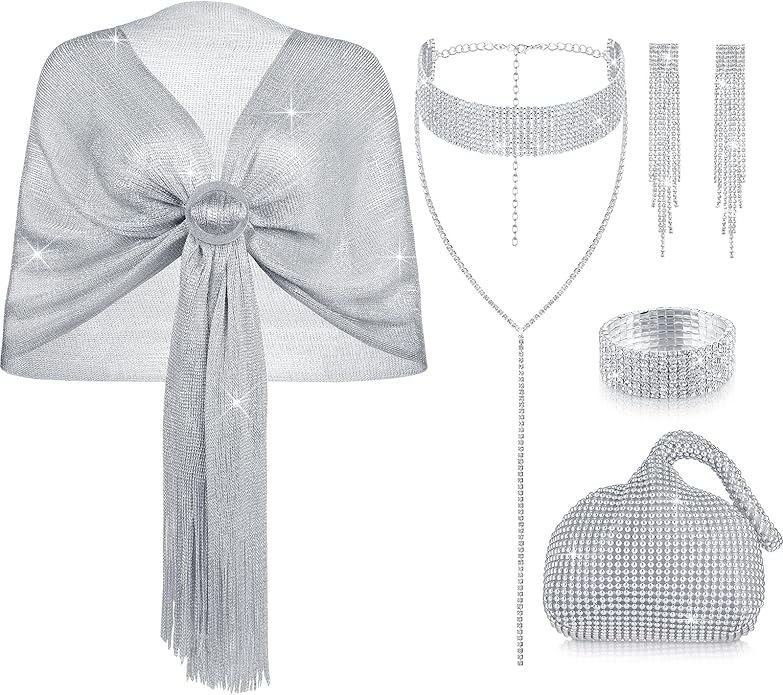 Hicarer 5 Pcs Dressy Jewelry Sets, Silver Shawls and Wraps, Clutch Purse for Homecoming Prom Evening Women Formal