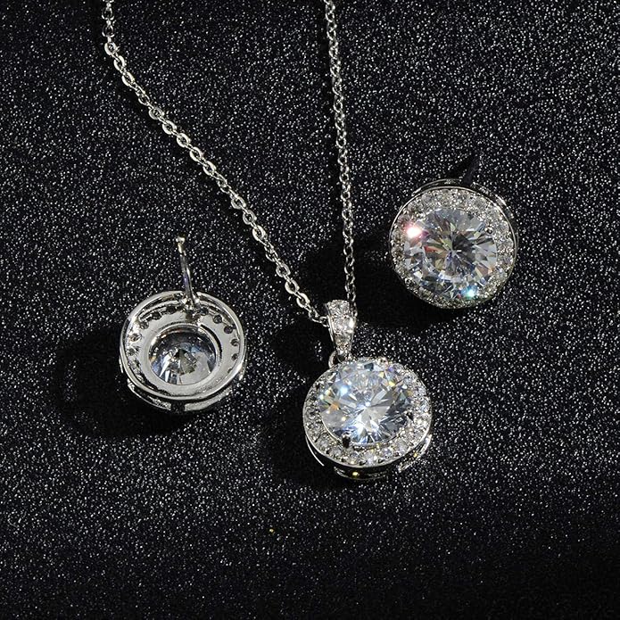 Bridal Crystal Jewelry Set - Sterling Silver Round Cubic Zirconia CZ Rhinestone Halo Birthstone Pendant Necklace Stud Earrings Set for Wedding Bride Bridesmaids Birthday Gift