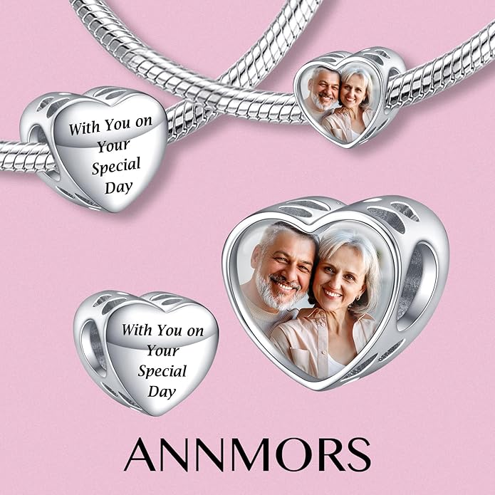 Annmors Personalized Photo Charms For Bracelets/Necklace 925 Sterling Silver Love Heart Shaped Engraved Customize Picture Gift for Birthday Mother's Day,Bead Charms Jewelry for Women