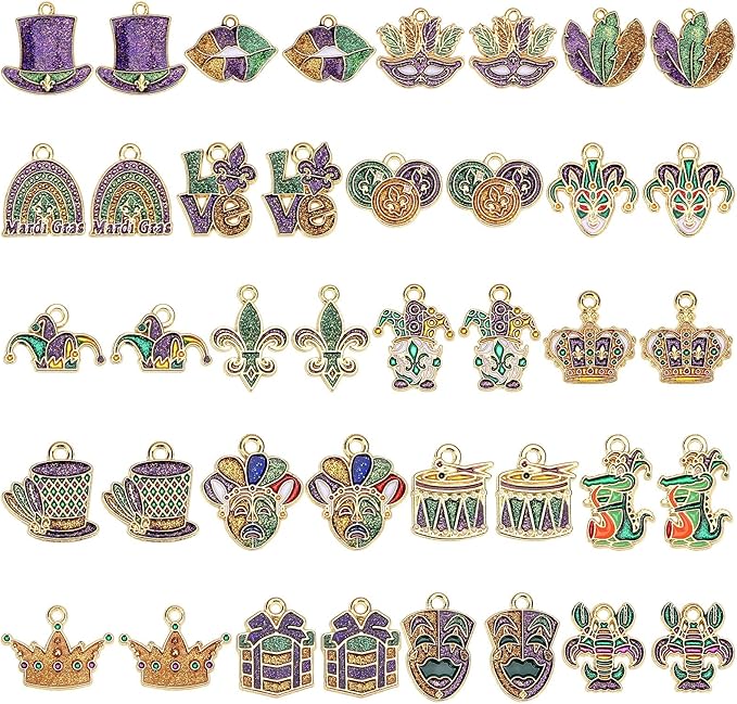 MARFOREVER 40 Pcs/20 Pairs Mardi Gras Charms for Jewelry Making, Glitter Mardi Gras Charm Carnival Mask Jester Fleur-de-lis Charms Pendants for Bracelets Necklace Earrings DIY Crafts Accessories Gifts
