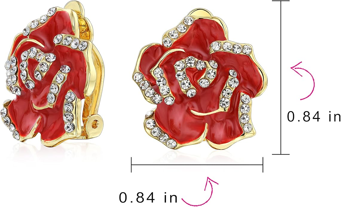 Pink Red Enamel Flower Crystal Edge Spring Retro Floral Rose Clip On Earrings For Women Non Pierced Ears 14K Gold Plated